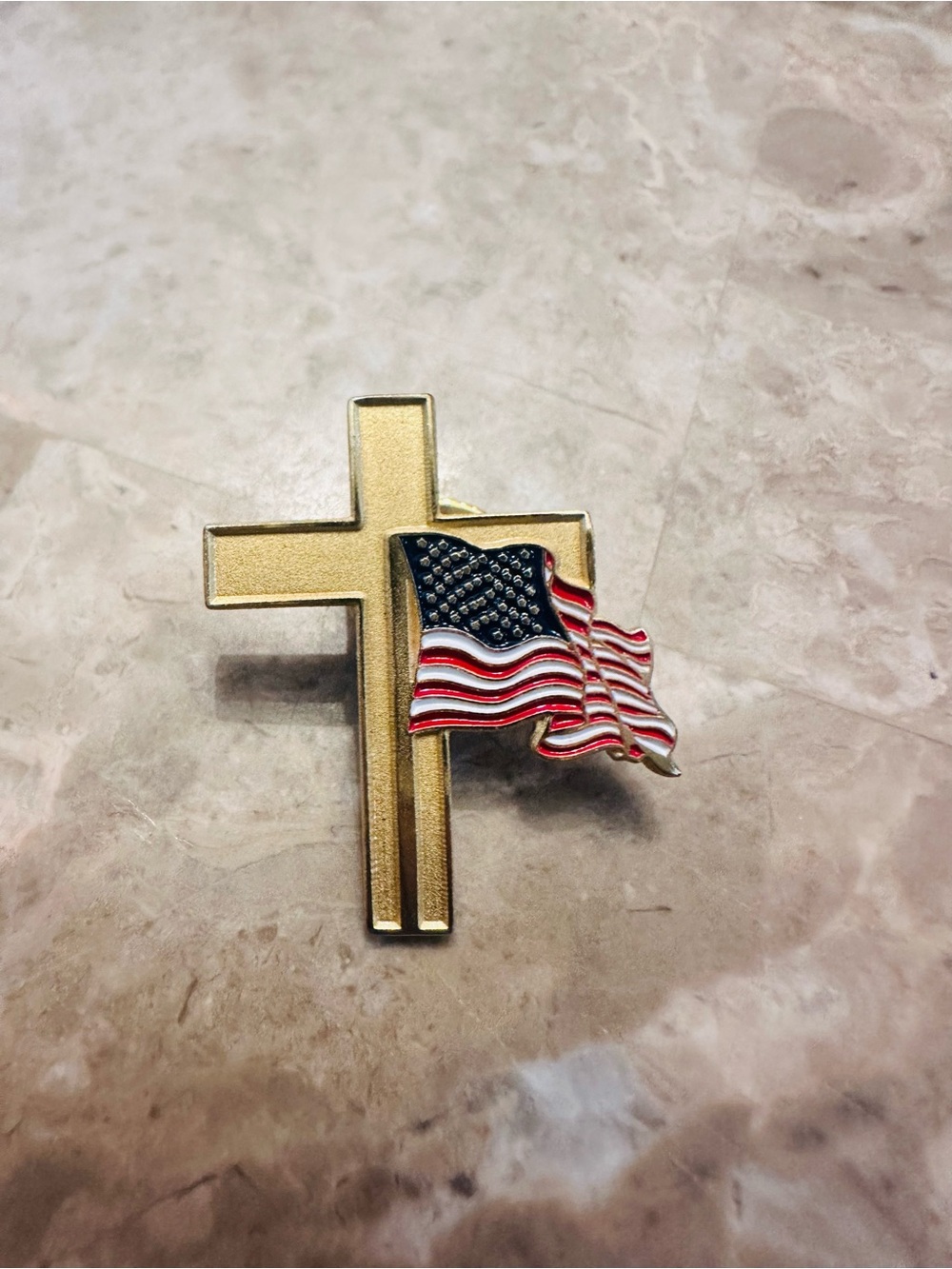 Enamel Lapel Brooch Pin Gold Toned Cross and Waving American Flag Patriotic